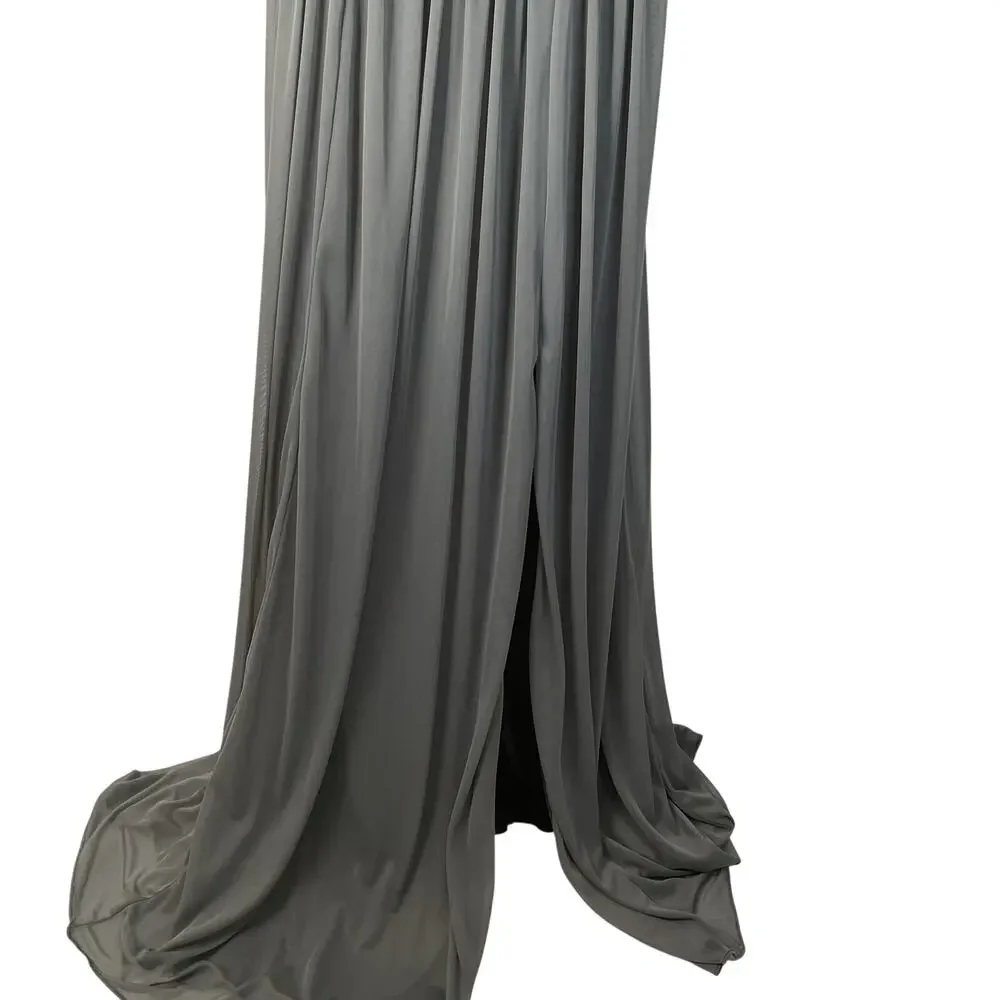 Azazie Steel Grey V-Neck Pleated Bridesmaid Dress Size C / Size 6-8 - Picture 4 of 6